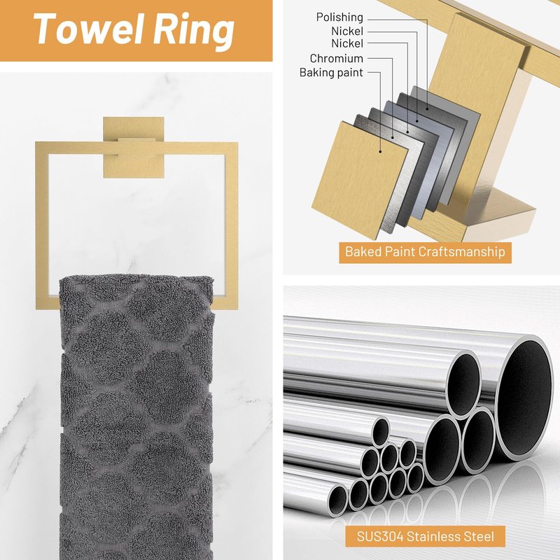 Brushed Gold Towel Bar Set, 23.6 Inch Bathroom Accessories Set, 5 Pieces SUS304 Stainless Steel Towel Racks Toilet Paper Holder Set for Bathroom Kitchen Wall Mounted