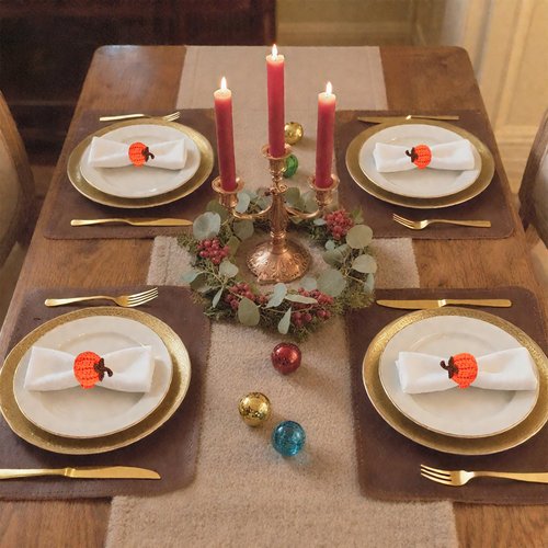 D-buy Set of 6 Pumpkin Napkin Rings, Fall Napkin Rings Thanksgiving Halloween Napkin Ring Holder, Handcrafted Crochet Napkin Holders for Thanksgiving Dinner Table Décor (6, Orange)