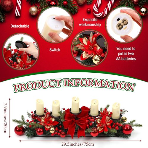 Funnymoom Christmas Tabletop Centerpiece - 30 Inch Poinsettia Candle Holder with Red Berries & Gold Accents
