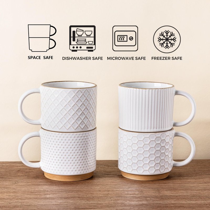 GBHOME 12OZ Stackable Coffee Mugs, Ceramic Coffee Mugs with Texture Patterns for Man,Woman,Dad,Mom, Modern Coffee Mugs Set of 4 for Latte/Cappuccino/Cocoa. Dishwasher&Microwave Safe, Off White