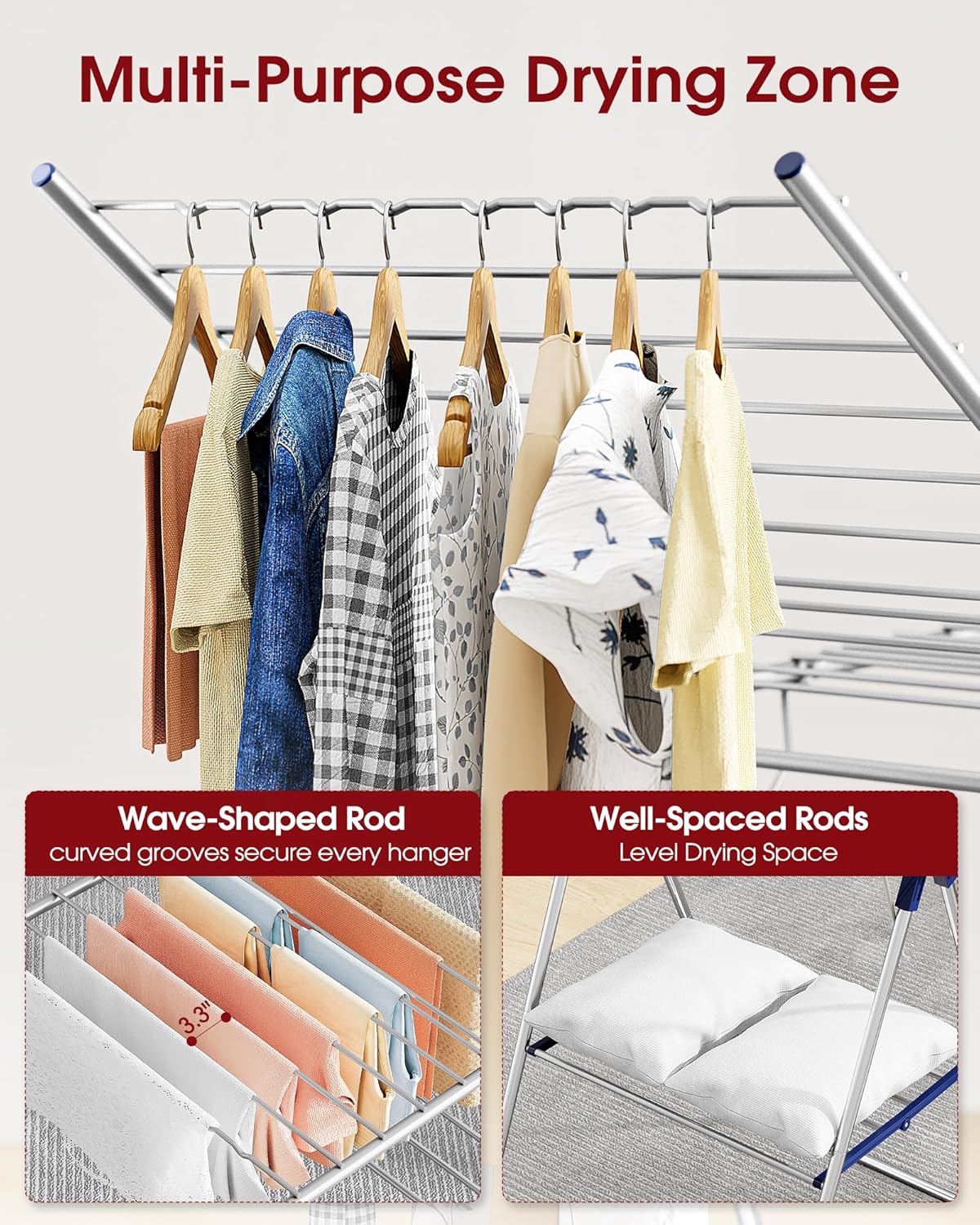 Sakugi Clothes Drying Rack - Height-Adjustable Metal Laundry Dryer Stand | Free-Standing & Collapsible, 55.5" L × 22.8" W, Silver Blue