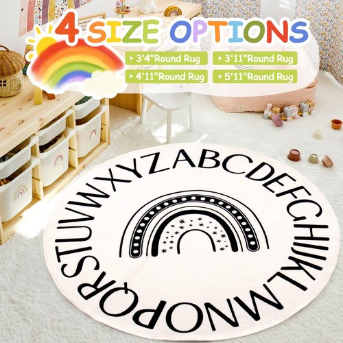 Truqual Nursery Rug Round Rainbow Classroom Rug Elementary, Non-Slip Rainbow Rug for Girls Room, Extra Large Learning Carpet for Kids Playroom, Circle Play Mat for Toddlers