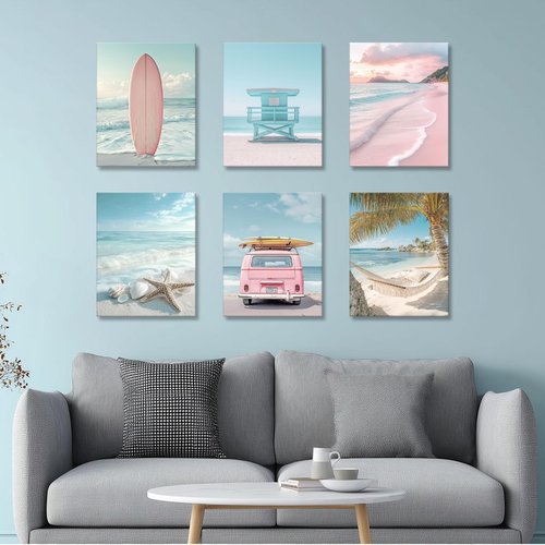 Pink Beach Scene Wall Art Surfboard 6 Piece Beachy Coastal Scene Prints, Tropical Relaxing Days Summer Print Canvas Artworks For Bedroom Girls Room Décor - Ready to Hang - Framed, Set of 6, 8x10Inch