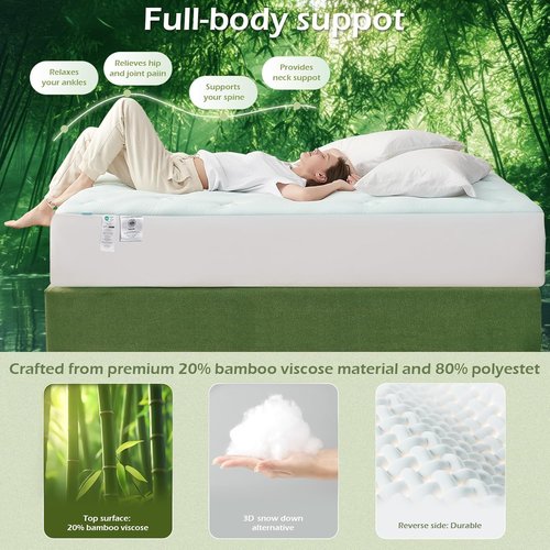Hansleep Twin Mattress Pad - Memory Foam Topper for Back Pain Relief | Bamboo Viscose, 39" x 75", White