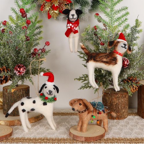 Juegoal Christmas Felt Dog Ornaments - Set of 4 Cute Wool Puppy Hanging Decor for Holiday Wreaths