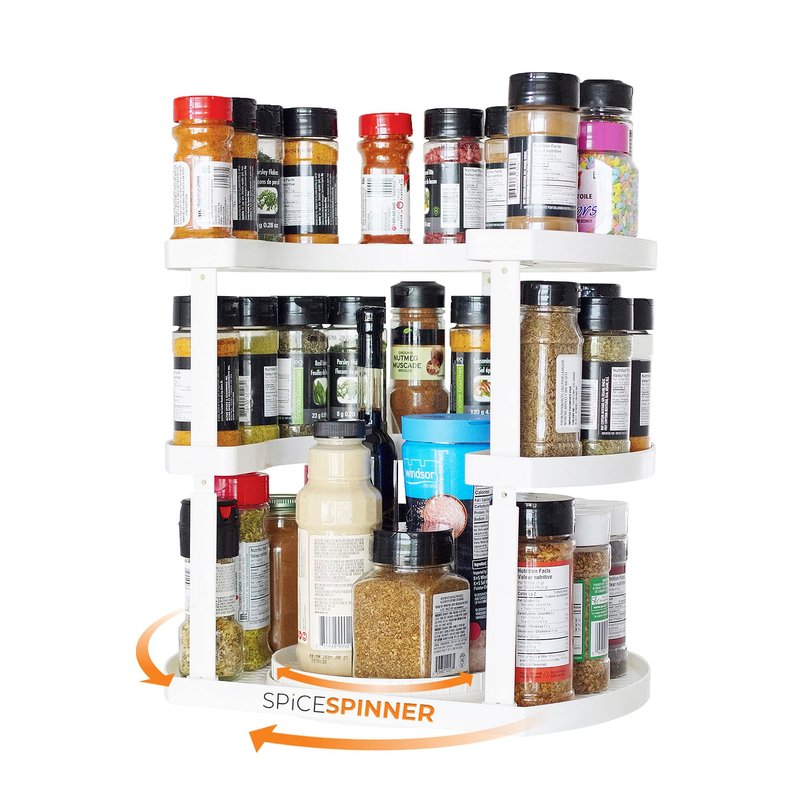 Allstar Innovations Spice Spinner Three-Tiered Spice Organizer & Holder That Saves Space, Keeps Everything Neat, Organized & Within Reach With Dual Spin Turntables White- 3 Tier