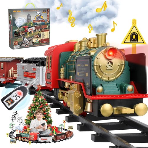 Mini Tudou Electric Christmas Train Set - Remote Control Steam Locomotive with Sound & Light | Rechargeable Battery, Cargo Cars & Tracks for Kids 3+