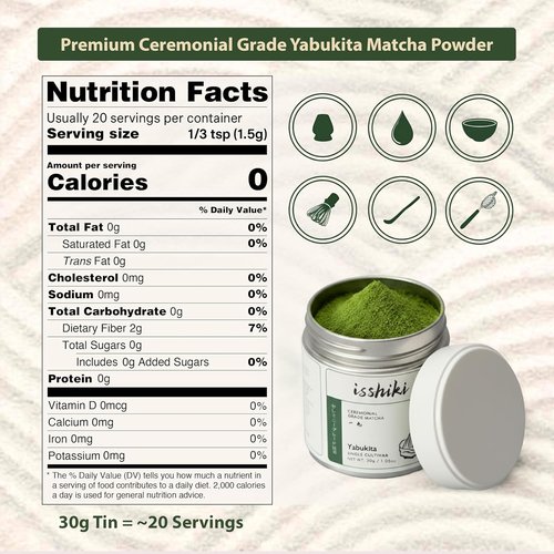 Isshiki Matcha Powder - Premium Ceremonial Grade Yabukita Green Tea from Kyoto - 30G for 20 Servings