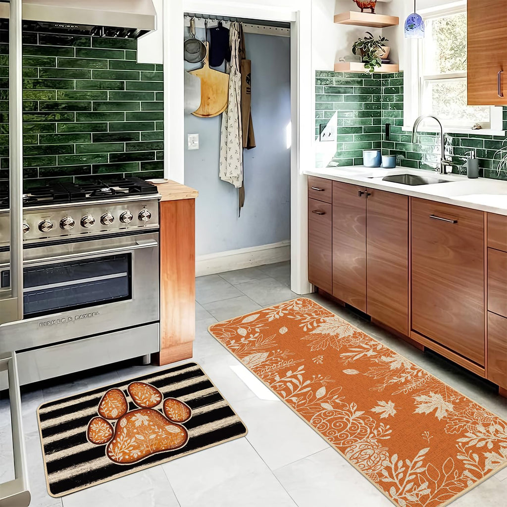 Baccessor Maple Leaves Fall Kitchen Mats Set of 2, Orange Dog Paw Black Stripes Kitchen Rugs for Floor Low-Profile Farmhouse Fall Thanksgiving Home Decor 17x29 and 17x47 Inch