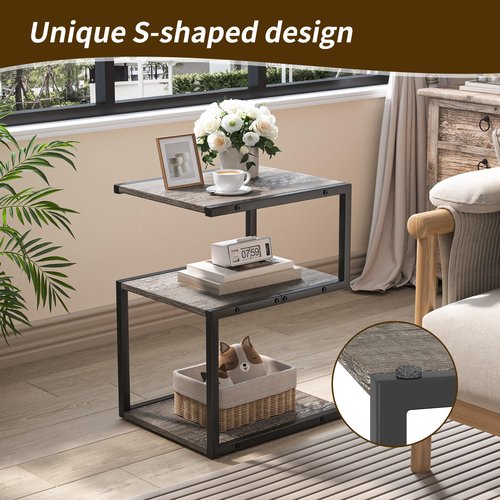 Fxacyem S-Shaped Side Table 3 Tier, Minimalist Nightstand for Small Spaces with Open Storage, Narrow End Table for Living Room Bedroom, Grey