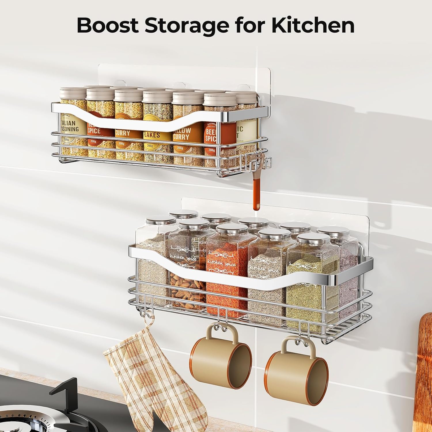 Orimade Shower Caddy - Wall-Mounted Storage Rack | Rust-Resistant Stainless Steel, Pack of 2 with 5 Hooks