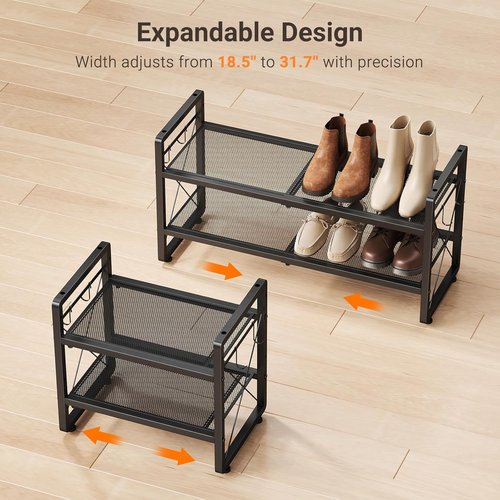 ELYKEN Shoe Rack - 2-Tier Expandable Organizer with 4 Hooks | Metal Black Shelf for Entryway & Closet