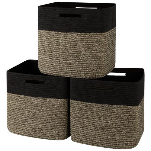 OIAHOMY 13 Kallax Inch Cube Storage Bins, 3-Pack Cotton Rope Woven Baskets for Organizing, Kallax Insert Storage Baskets for Shelves, Baby Nursery, Closet Organizer, 13*13*12.6IN, Black & Mixed Brown