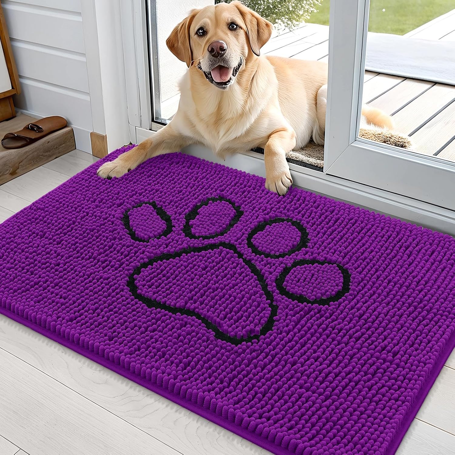 OLANLY Dog Door Mat - Absorbent Non-Slip Mud Mat for Dogs | 36x24 Inches, Purple Paw Print Design