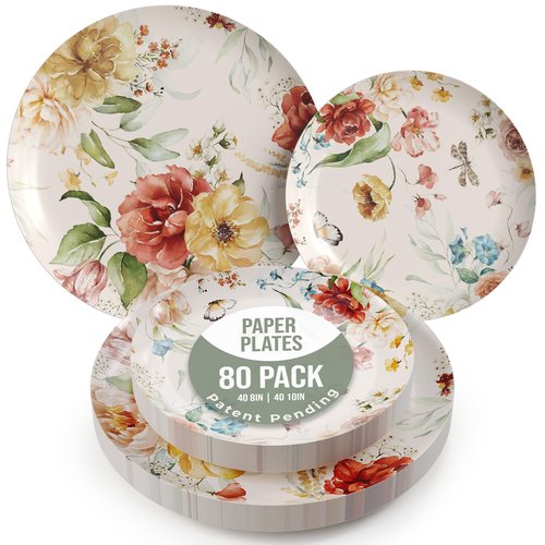 Trendables Floral Paper Plates 8.5 Inch & 10.5 Inch 80 Pcs Dinner Plate Set Fancy Disposable Plates for Party for 40 Guests 40 X 8 & 40 X 10 Large & Small Paper Plate Set for Parties Aviv