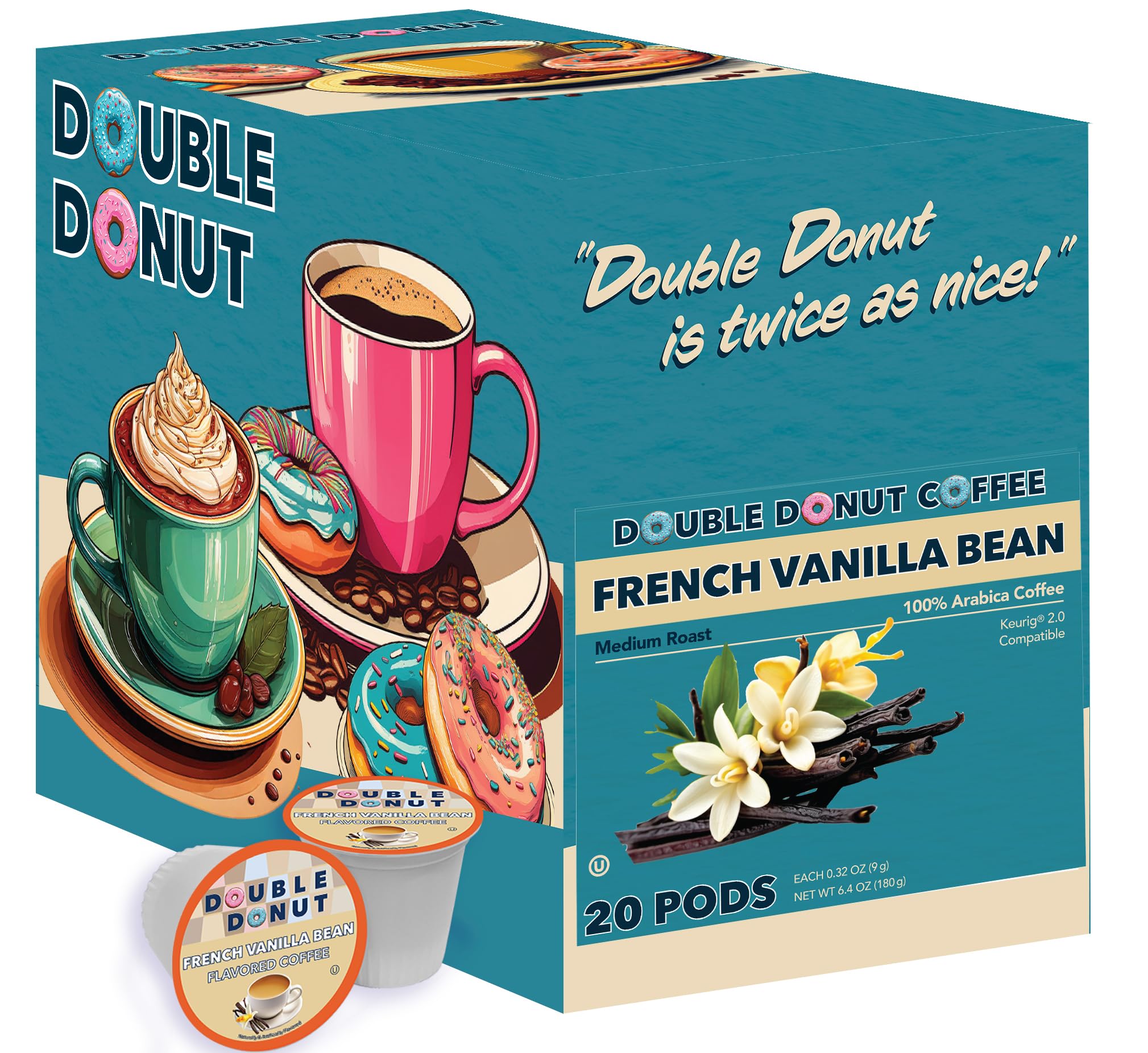 Double Donut Coffee French Vanilla Flavored Coffee Pods, Medium Roast Coffee, Compatible with Keurig K Cups Brewers, 20 Count