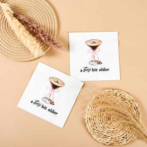 100Pcs Espresso Martini Party Napkins A Tini Bit Older Disposable Paper Napkins Martini Pink Bow Luncheon Cocktail Napkins for Martini Bachelorette Birthday Weenies and Tinies Party Supplies