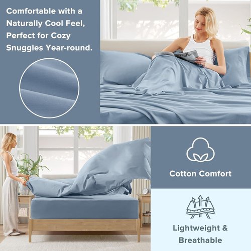 Comfort Spaces 100% Cotton Sheet Set - Breathable & Soft Bedding for Twin Mattresses, Blue 3 Piece Set