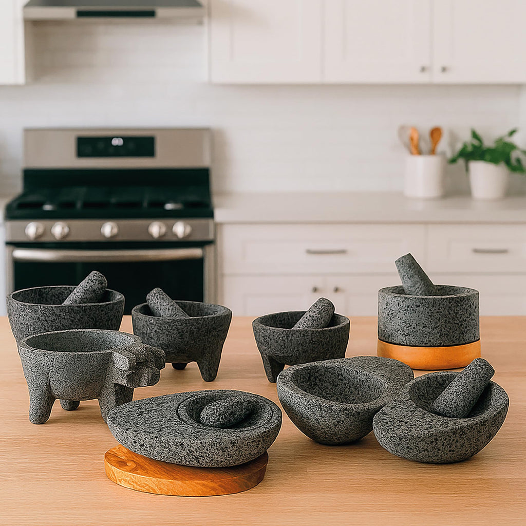 Molcajete 8 in Mexican, Handmade with Natural Volcanic Stone, Artisanal Kitchen Utensil for Grinding with Pores for Crushing, Specially Designed for Grinding Spices, Sauces, and Guacamole