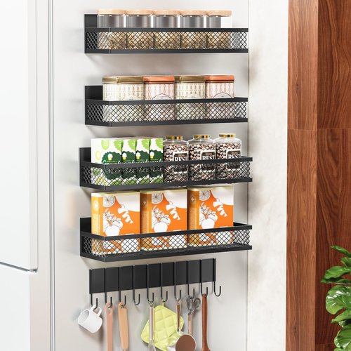 Umomi Magnetic Spice Rack for Refrigerator, 5 Pack Magnetic Shelf for Refrigerator, Moveable Fridge Magnetic Spice Racks with 10-Hook Rack for Kitchen Organizers and Storage