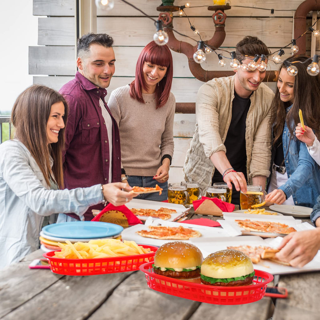 Rtteri 100 Pcs Fast Food Baskets Bulk 10.6 x 6.7 Inch, Oval Restaurant Tray Red Plastic Serving Basket, Reusable Bread Fry Basket for Hot Dog, Burger, Chips, Picnic and Christmas Party Deli Serving