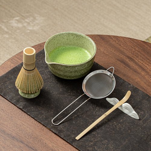 Matcha Set, Matcha Whisk Set Includes Matcha Bowl with Spout, Bamboo Whisk, Matcha Whisk Holder, Sifter, Scoop, Spoon Holder, Tea Towel- 7pcs Perfect Matcha Kit for Matcha Tea Ceremony (Jade Green)