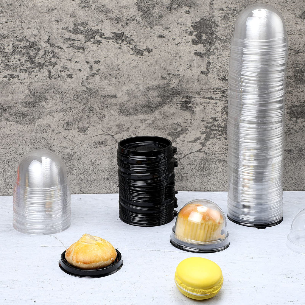 Patelai Clear Plastic Mini Cupcake Container, Mini Cupcake Box Muffin Dome Muffin Single Container Box for Wedding Birthday Cheese Pastry Dessert Cake(Black,150 Pieces)