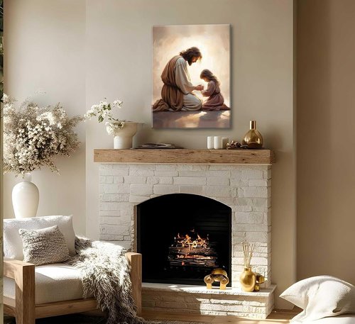 Jesus Praying with Girl Canvas Wall Art - Christian Spiritual Decor for Home & Church | Framed Bible Story Print