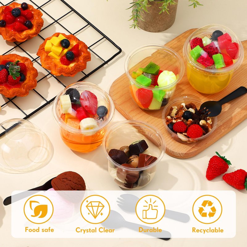Gandeer 60 Pack Clear Plastic Parfait Cups with Dome Lids No Hole Disposable Party Dessert Cups with Lids Insert Spork Round Fruit Containers with Lid for Yogurt Fruit Cereal Ice Cream (12 oz)