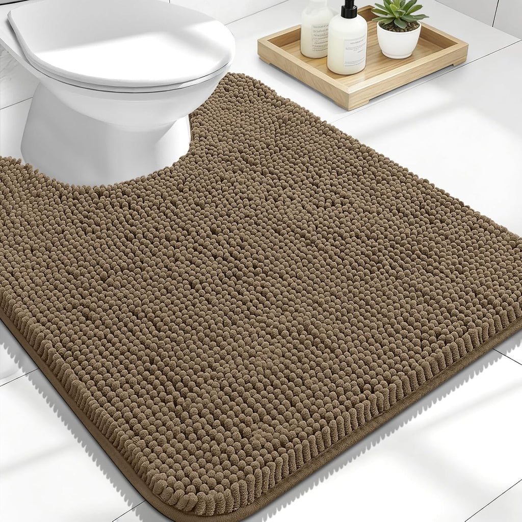 OLANLY U-Shaped Toilet Rug - Extra Soft Chenille, Quick-Dry & Non-Slip Bath Mat | 24x20, Tan