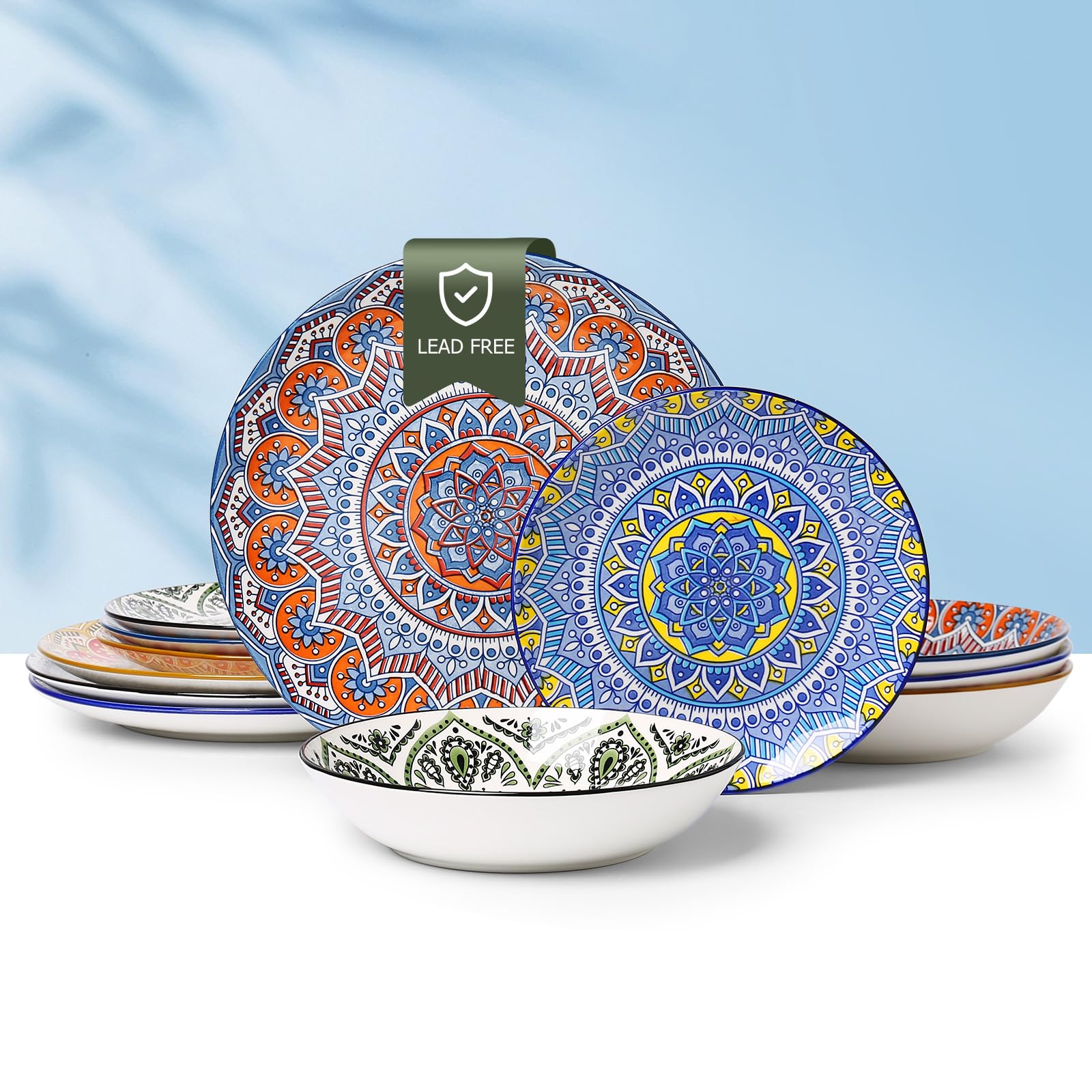Ceramic Dinnerware 12 Pieces Dinner Set,Plates Pasta Bowls Cereal Bowls Reactive Change Glaze Dish Sets, Modern Stoneware Dishe Bohemian colors (Bohemia)
