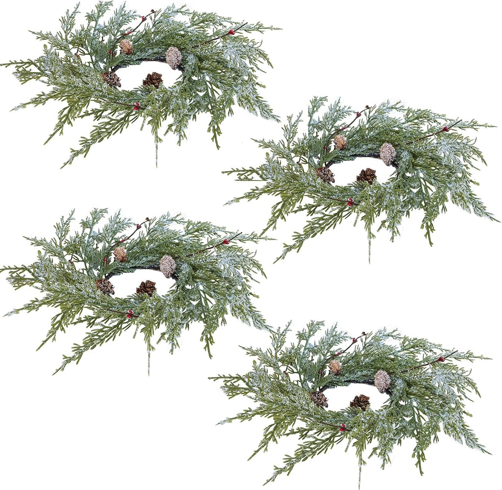 Winlyn Artificial Snowy Cedar Pine Candle Rings - 4 Pcs Winter Wreaths with Pine Cones & Red Berries | 15.7" Wide for Holiday Décor