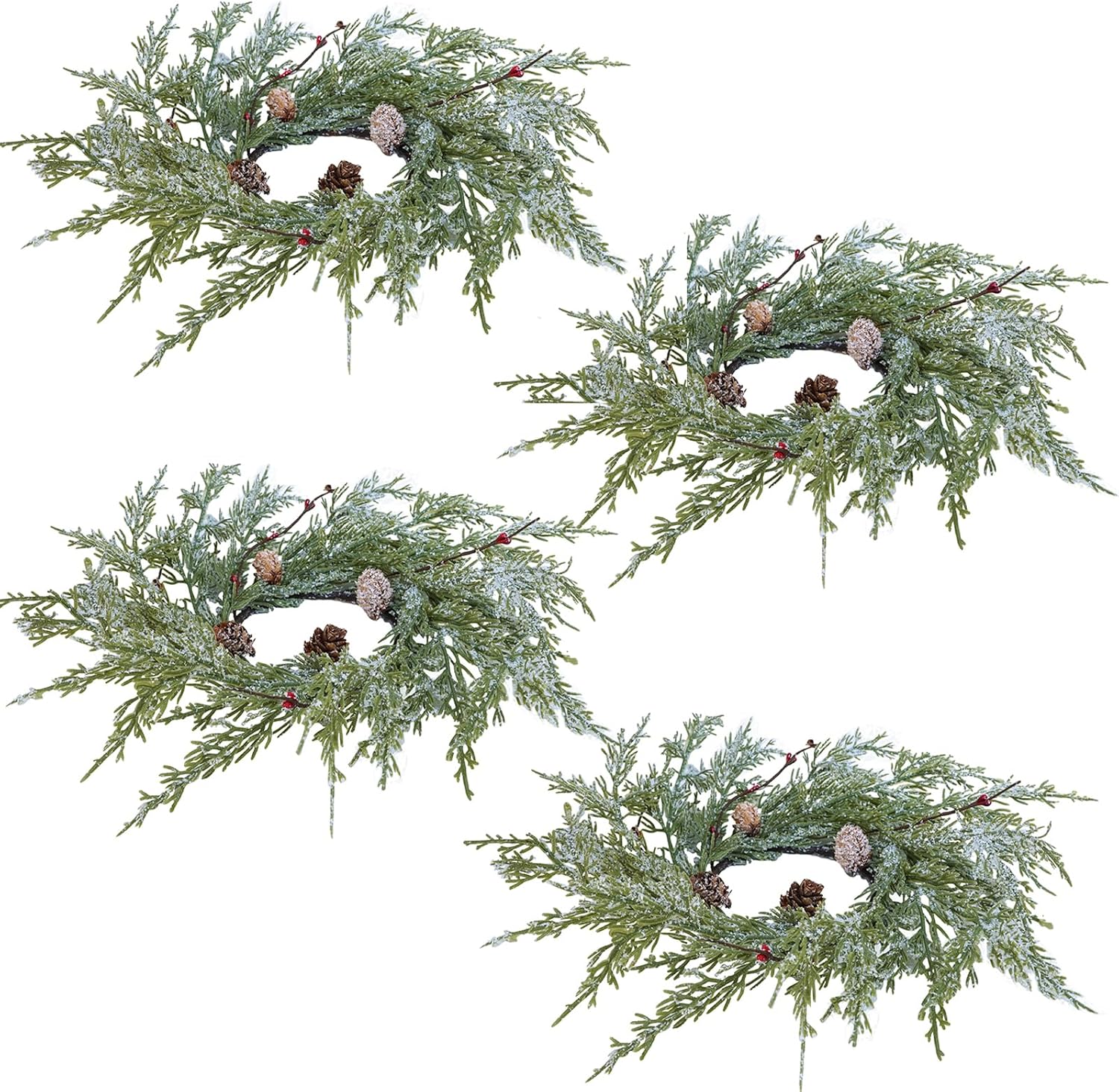Winlyn Artificial Snowy Cedar Pine Candle Rings - 4 Pcs Winter Wreaths with Pine Cones & Red Berries | 15.7" Wide for Holiday Décor