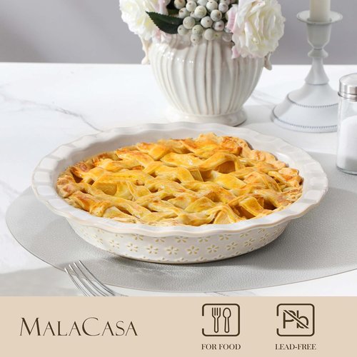 MALACASA Pie Pan - 9 Inch Stoneware Deep Dish for Baking | Embossed Fluted Quiche Dish, 45 OZ