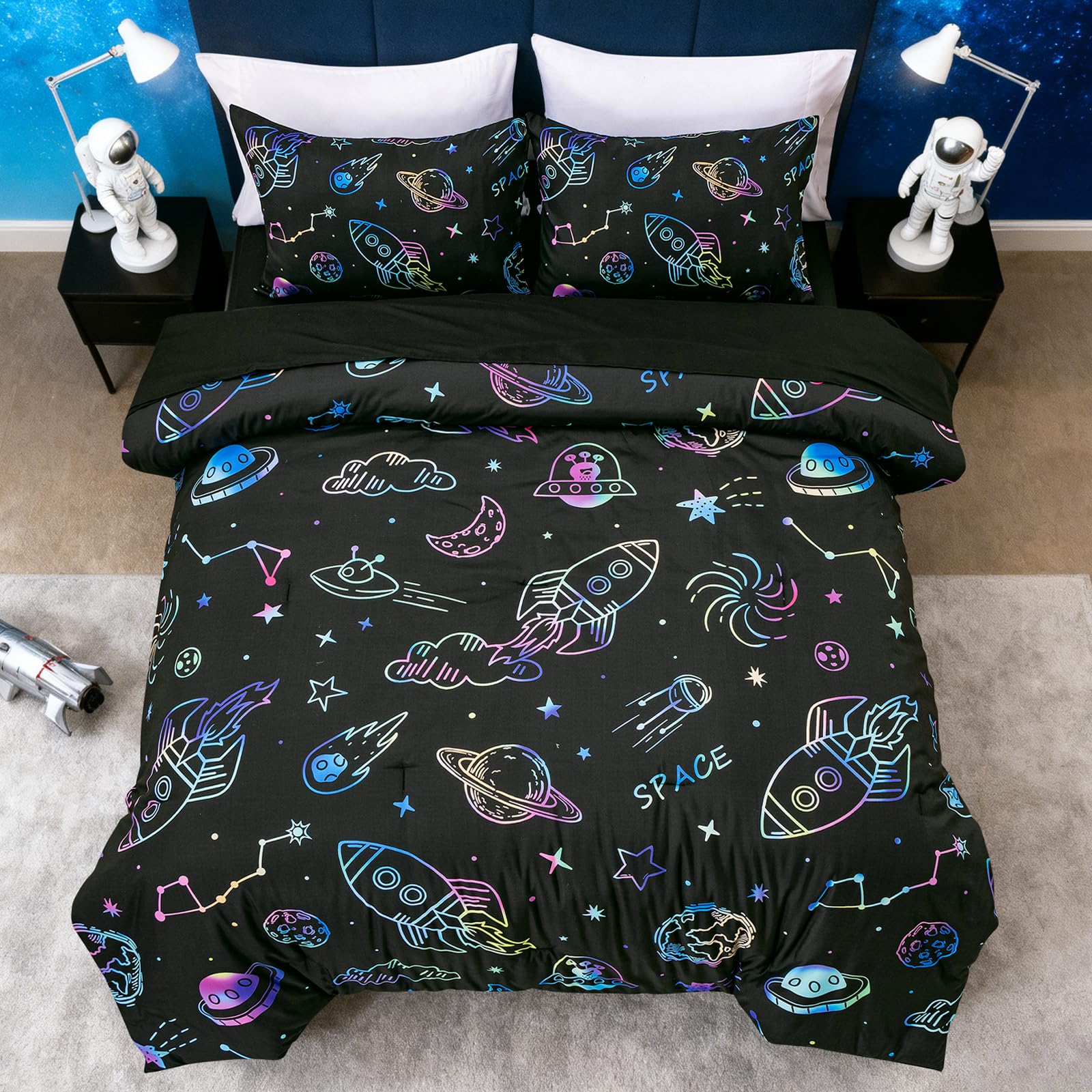 Aimuan Space Comforter Twin Set Kids Rocket Bedding Set Super Soft & Cute Aliens UFO Printed for Boys Girls Teen (Black, Full 5Pcs)