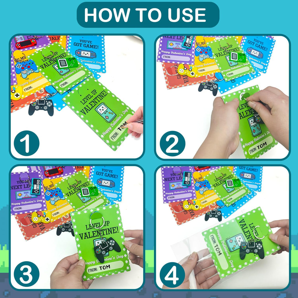 Skiennix Bulk Valentine's Day Cards - 48 Pack Video Game Keychains for Kids | Perfect Classroom Exchange Gifts