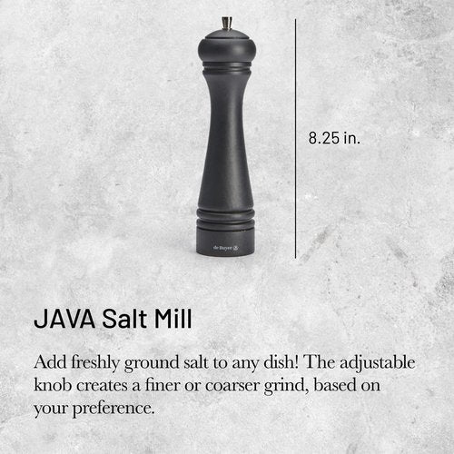 de Buyer JAVA Salt Mill, Matte Black - 8.25” - Stainless Steel & Beechwood - Includes Knob to Adjust Grind Size - Corrosion Resistant - Made in France