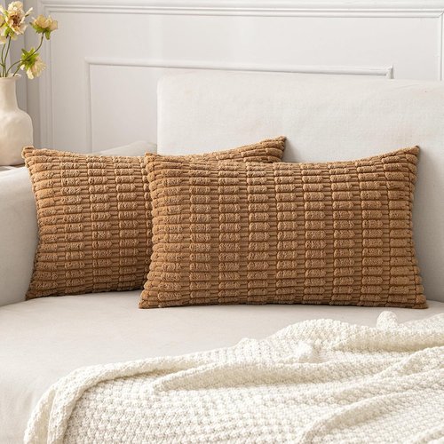 MIULEE Corduroy Lumbar Throw Pillow Covers - Soft Boho Striped Design | 20x12 Inch for Modern Farmhouse Decor