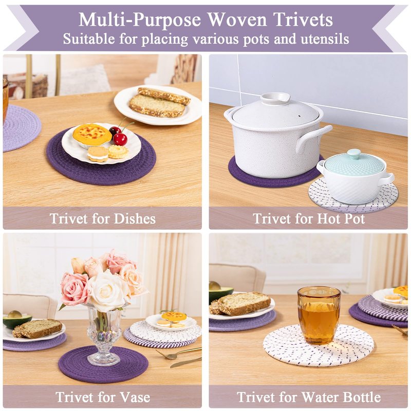 SHACOS 8 Inches Trivets for Hot Dishes, 4 Pieces Cotton Trivets Mats for Kitchen, Hot Pads for Countertops and Table, Heat-Resistant Pot Holders for Hot Pots and Pans(Purple, 4pcs)