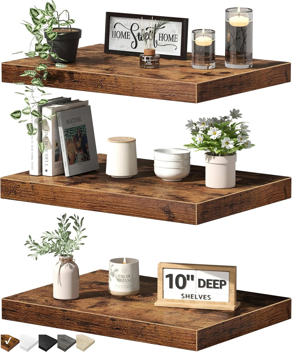 QEEIG 10" Deep Floating Shelves - Rustic Brown Wall-Mounted Bookshelf Set of 3 for Bathroom, Bedroom, Kitchen & Living Room