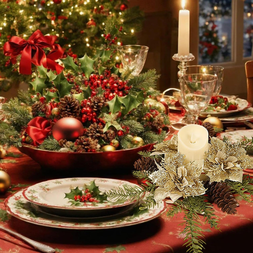 Skiennix Christmas Candle Ring Wreath - Artificial Golden Flower & Pine Garland Centerpiece