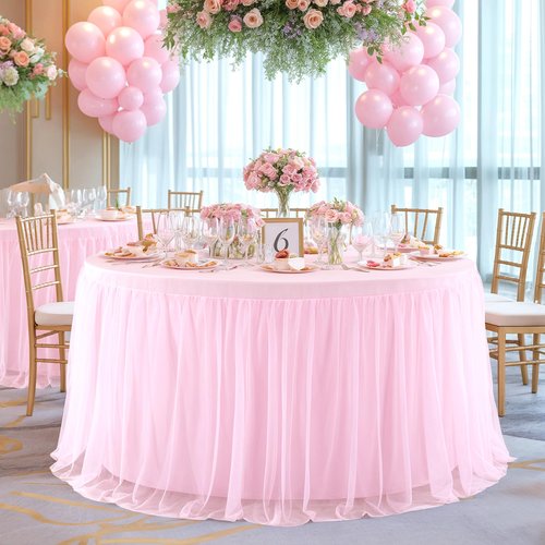 Pink Tulle Round Valentine Table Cloth for 72 Inch Round Tables, Pink Banquet Tablecloth Table Cover, Floor Length Tablecloths, Circle Tutu Tulle Table Cloths Table Skirt for Wedding Party