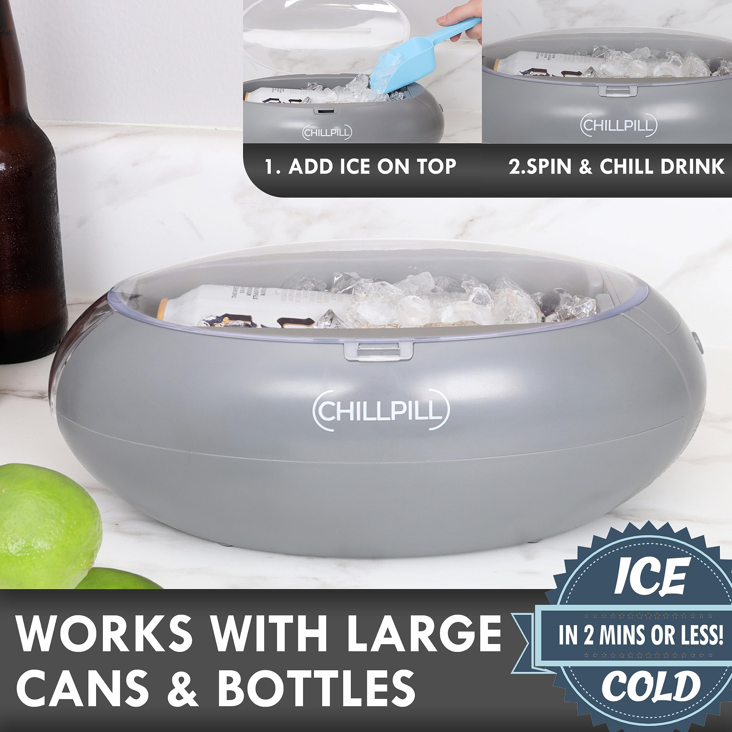 Instant Drink Chiller - Rapid Beverage Chiller for Cans 12 oz or 16 oz & Glass Bottles - Portable Instant Beverage Cooler - Fast & Efficient Instant Drink Cooler for Parties, Picnics & BBQs