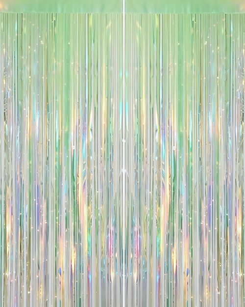 Iridescent Green Party Streamers Backdrop - Neon Holographic Tinsel Foil Fringe Curtain | 2 Pack, 3.31 x 6.6 ft