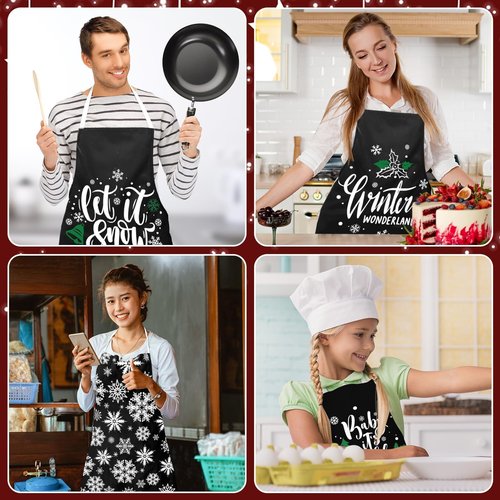 clothmile 4 Pieces Winter Apron Snowflake Bib Apron for Women Adjustable Black Cooking Baking Grilling Bib for Kitchen Witch Decor Gift