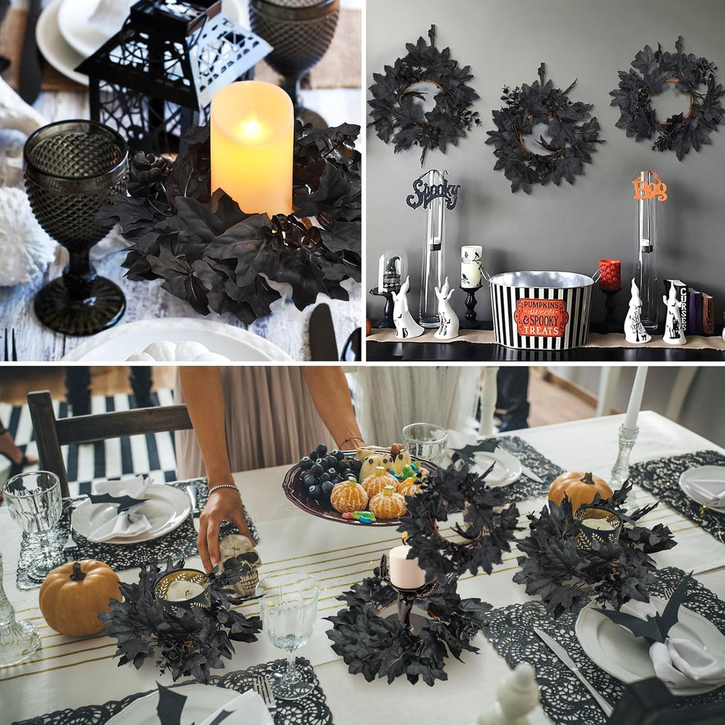 Skiennix Halloween Black Candle Rings - 6Pcs Maple Leaf Wreaths for Fall Table Centerpieces | Home Decor
