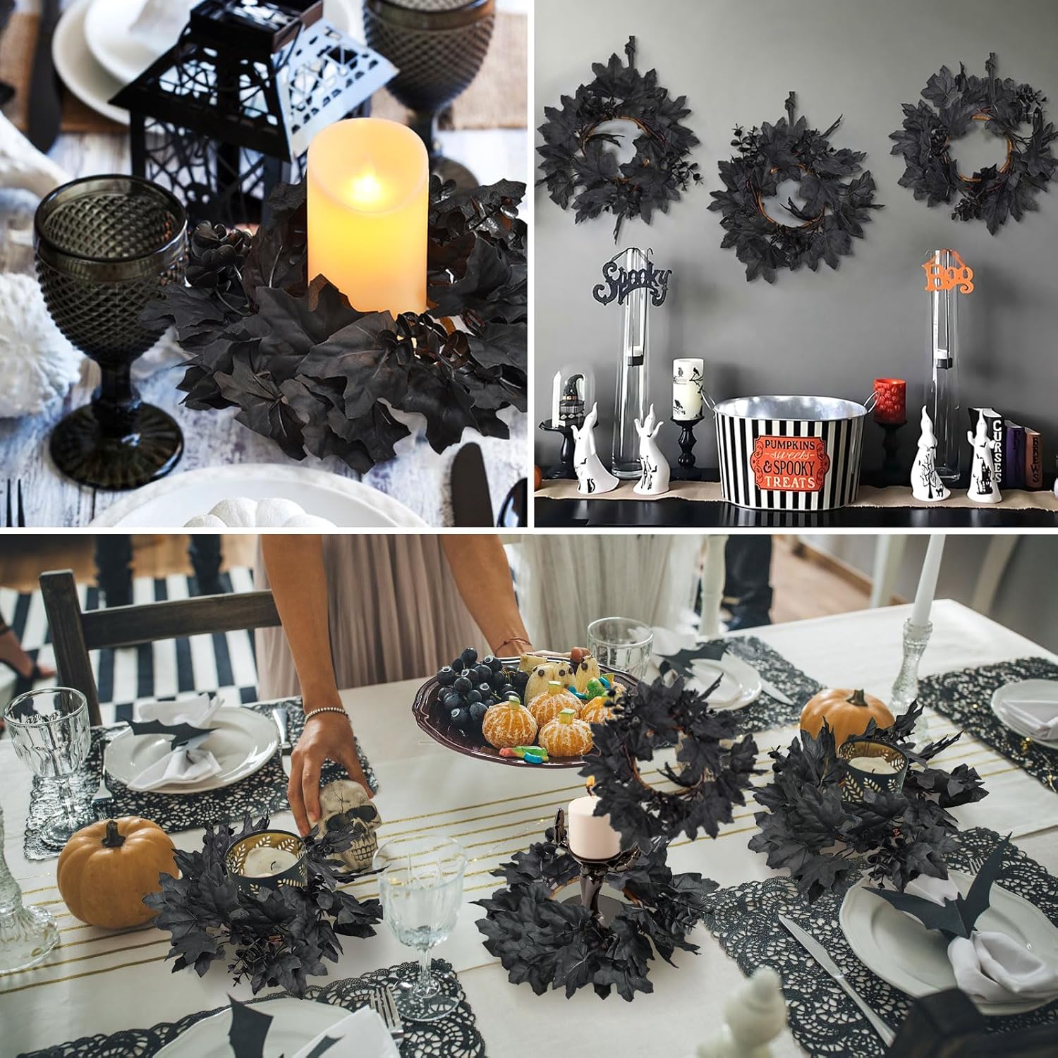 Skiennix Halloween Black Candle Rings - 6Pcs Maple Leaf Wreaths for Fall Table Centerpieces | Home Decor