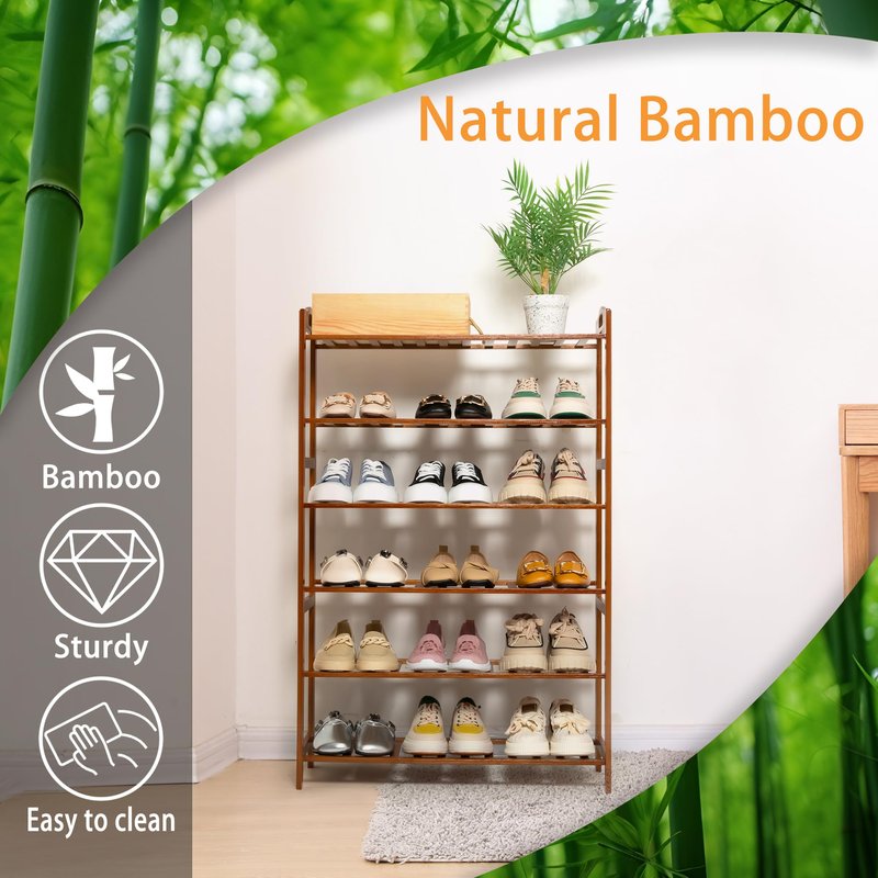 RKK Shoe Rack for Front Foor Entrance, Bamboo Shoe Rack for Closet Shoe Organizer Closet Organizers and Storage Shelves (Brown, 6 Tier)