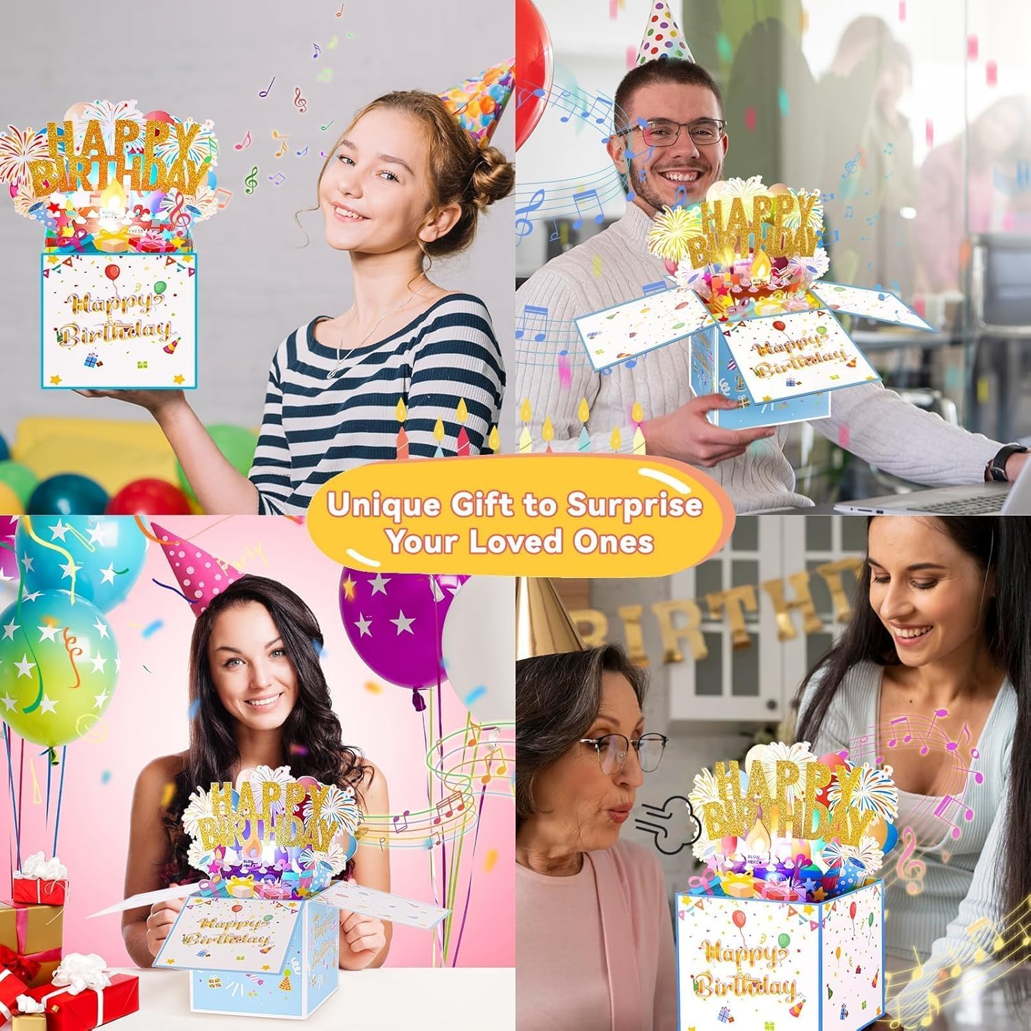 Skiennix Large Pop-Up Birthday Cards - Blowable Lights & Music | 3D Greeting Cards for All Ages