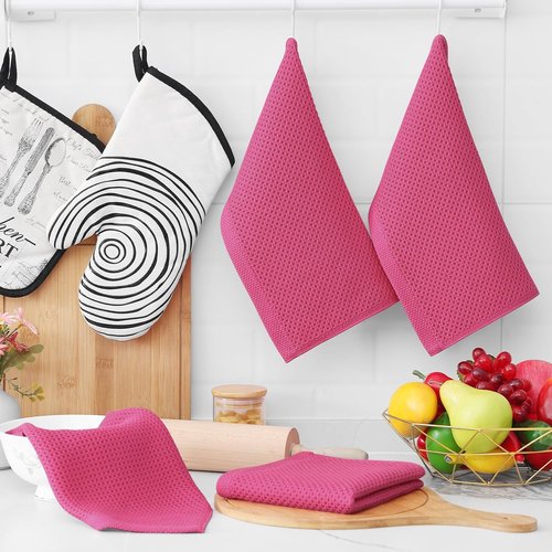 Homaxy Kitchen Dish Cloths - 100% Cotton Waffle Weave, Ultra Soft & Absorbent, 12x12 Inches, Hot Pink | 6-Pack